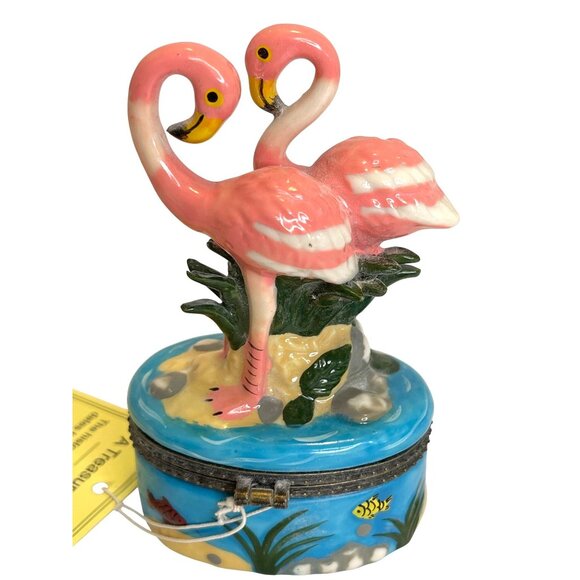 Tropical Pink Flamingo Hinged Ceramic Trinket Box Pool Beach Sunglasses Hat VTG - Picture 3 of 6